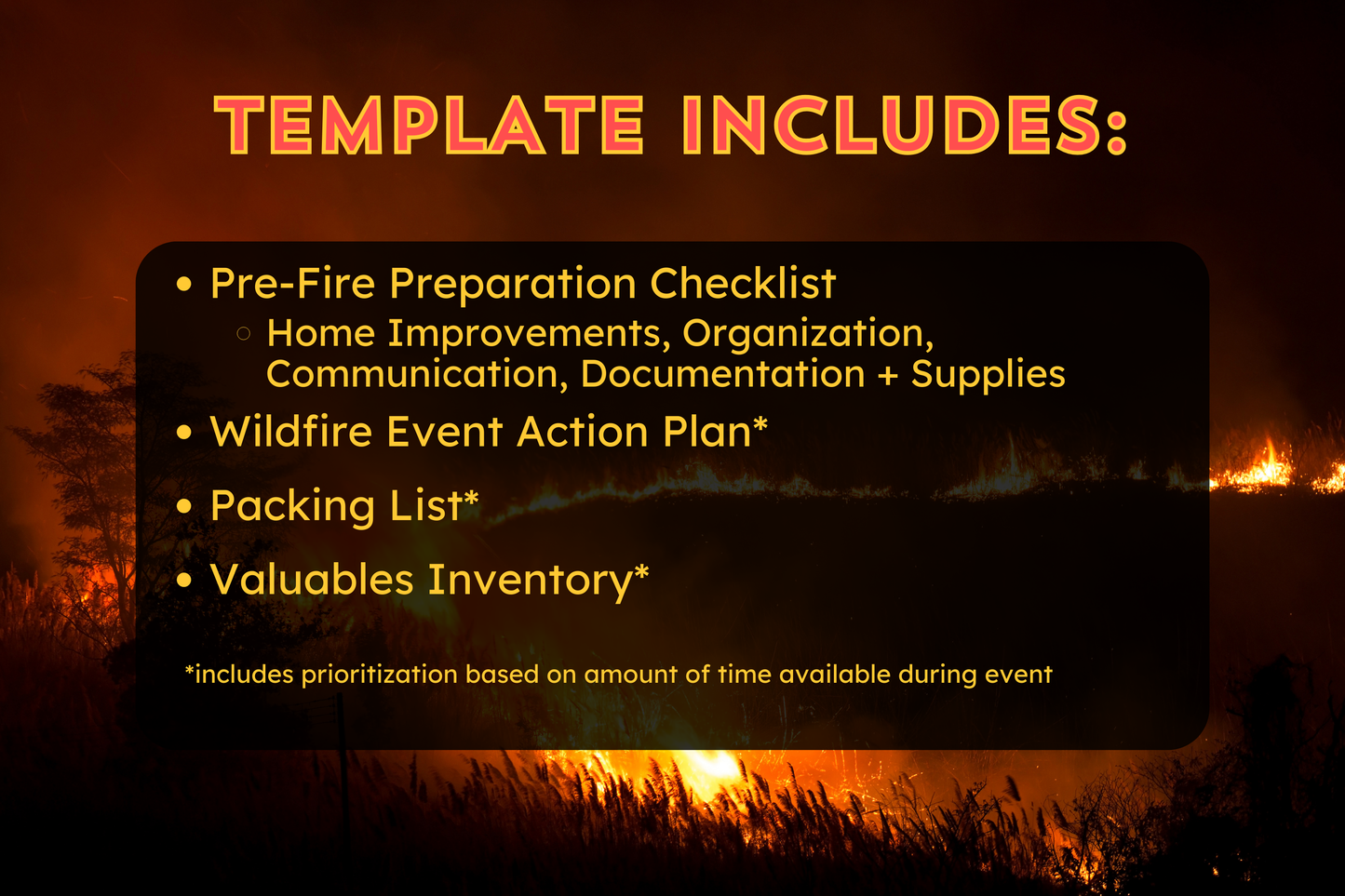 Outline of what's included in the template: Prep checklist, Action plan, packing list and home inventory