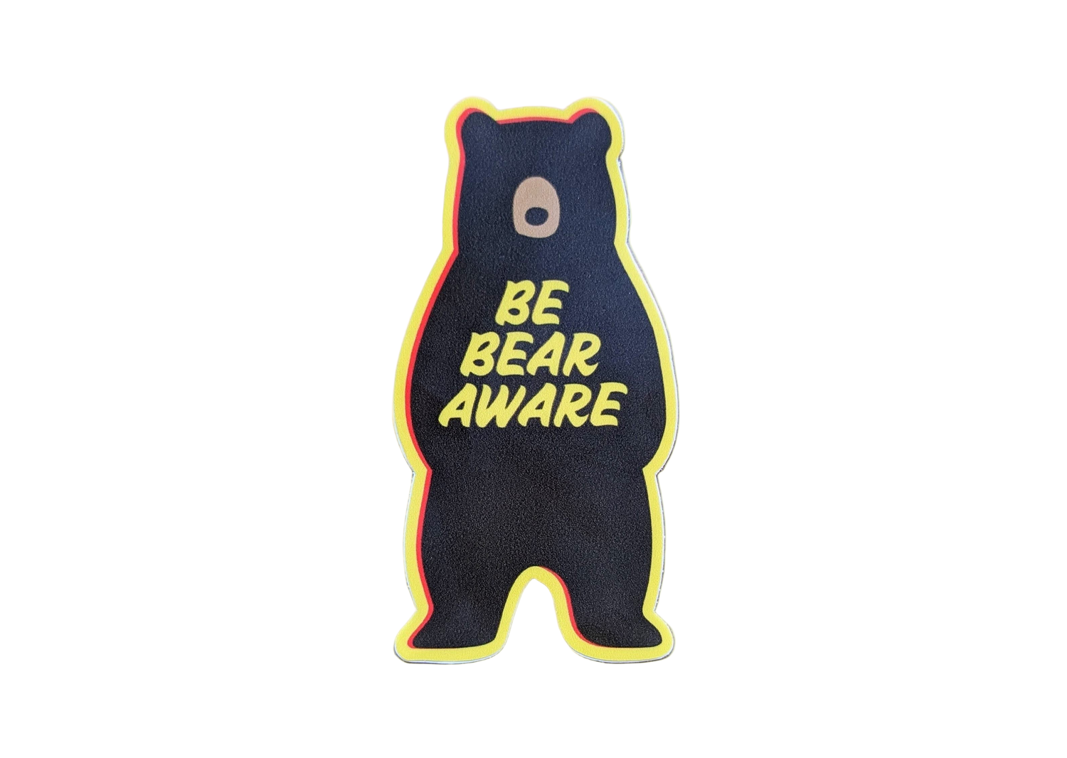 Yellow-bordered bear-shaped sticker that reads: Be Bear Aware