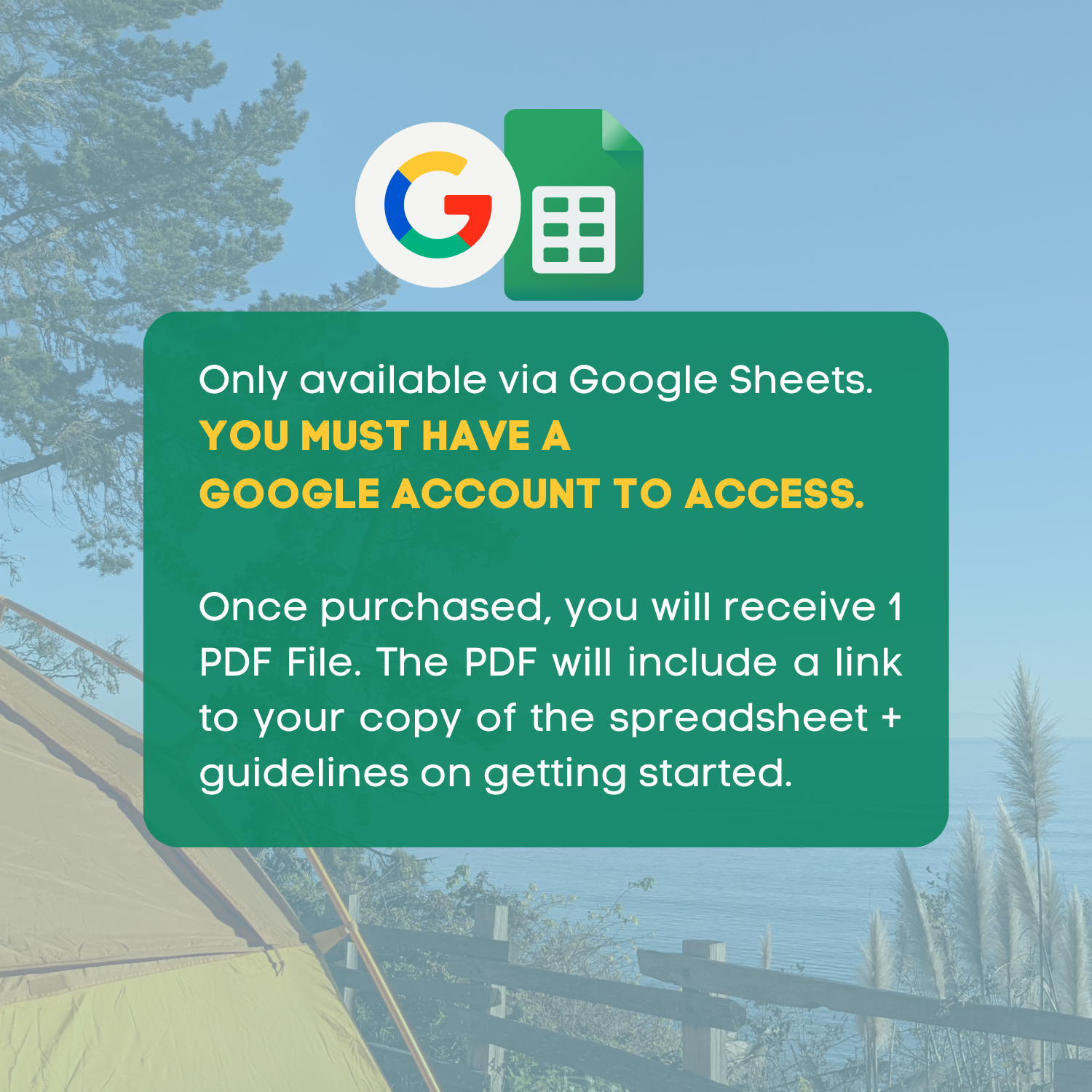 Camping Planner Template graphic, reads: only available via google sheets