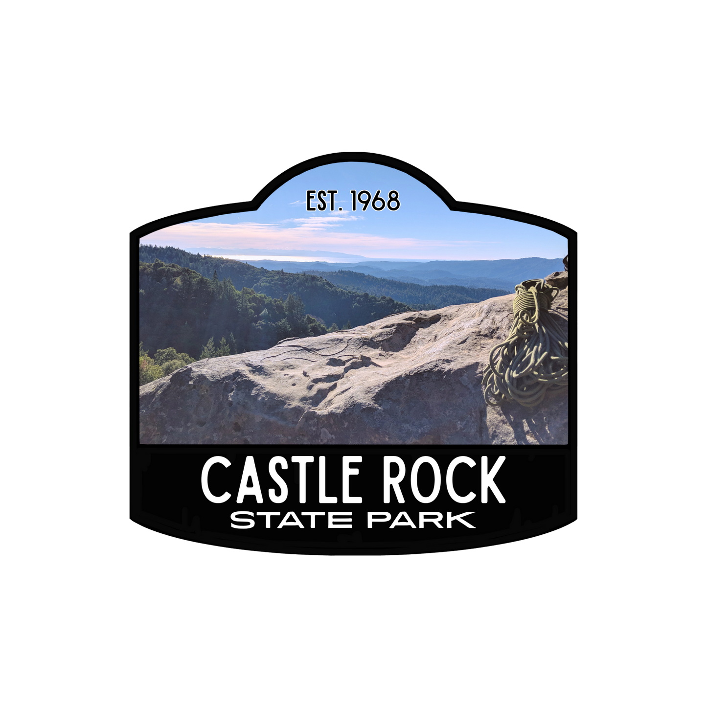 black bordered sticker represents Castle Rock State Park with paper background