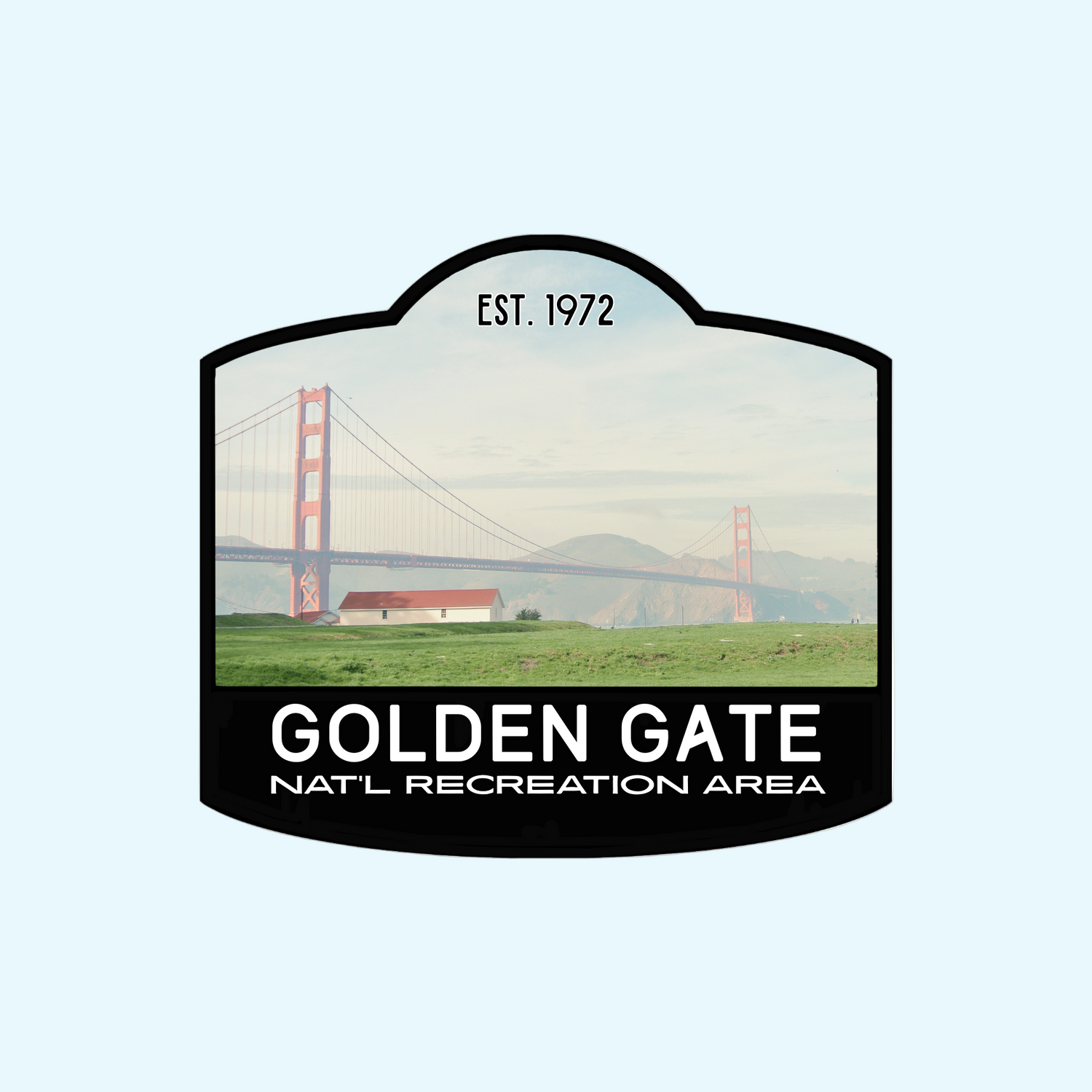 Sticker of Golden Gate National Recreation Area with the Golden Gate Bridge in the background.
