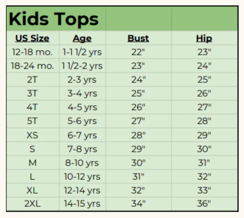 Kids shirt sizing chart