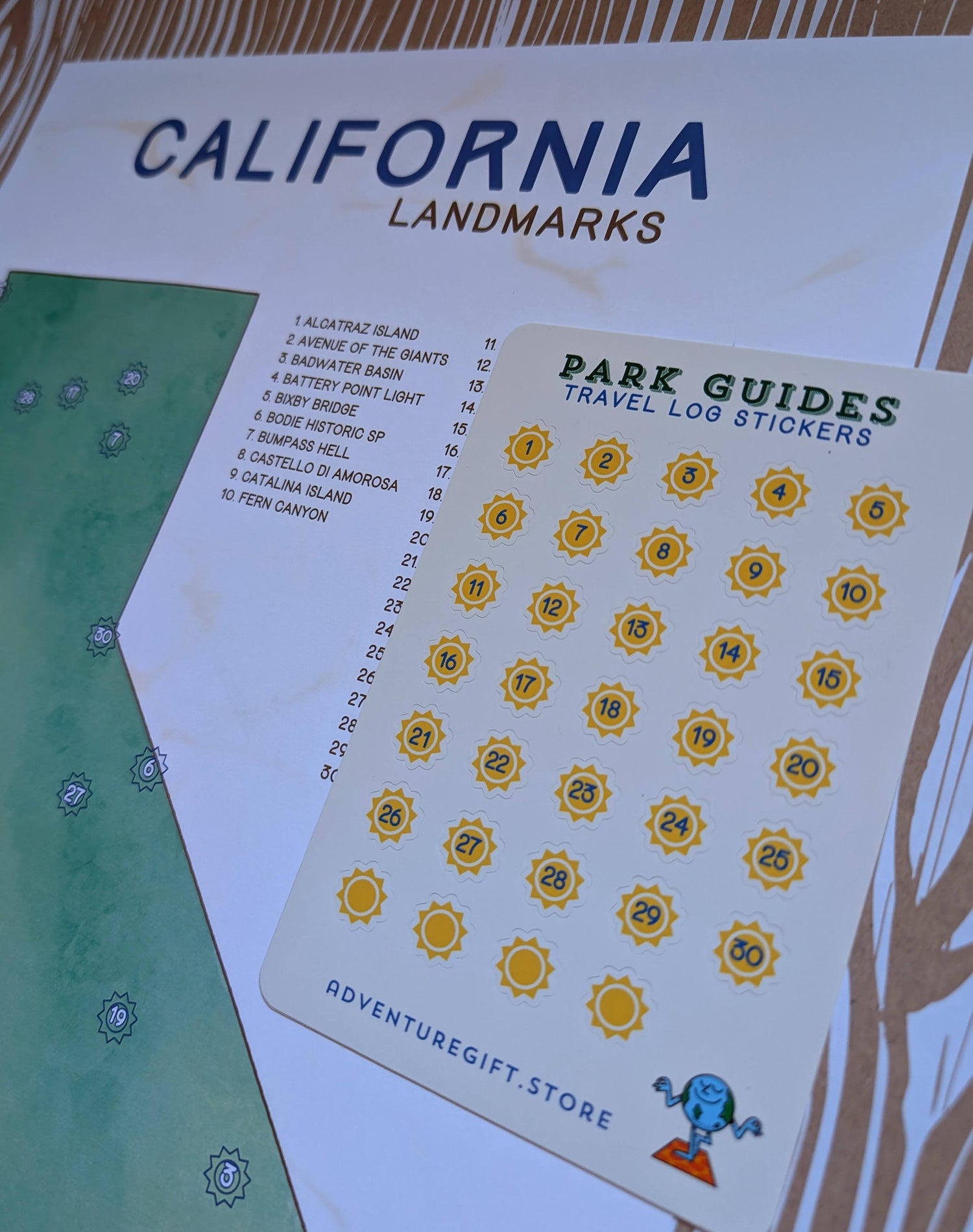 California Landmarks Park Guide with Travel Log stickers close up