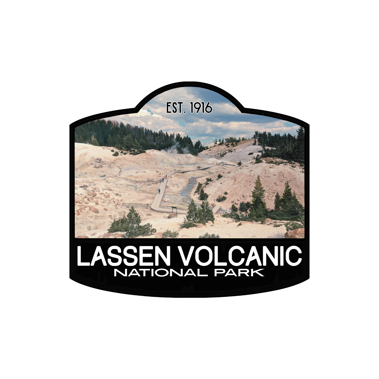 Lassen Volcanic National Park badge sticker with black border and photo of meadow and Lassen Peak volcano in the background