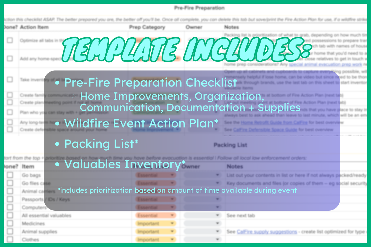 Outline of what's included in the template: Prep checklist, Action plan, packing list and home inventory