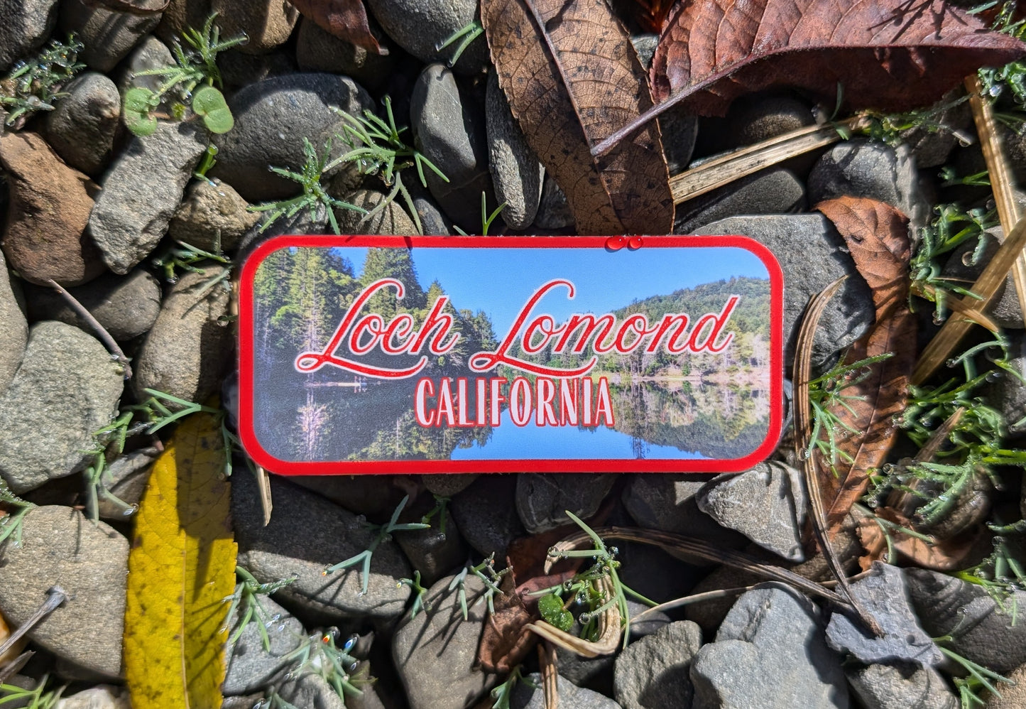red bordered sticker represents Loch Lomond in California