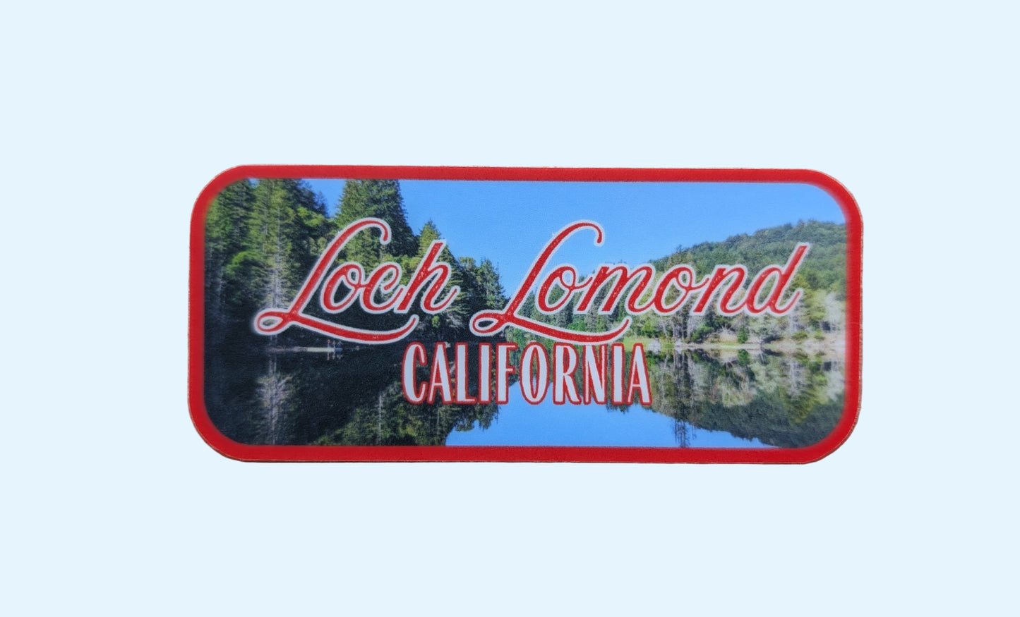 red bordered sticker represents Loch Lomond with paper background