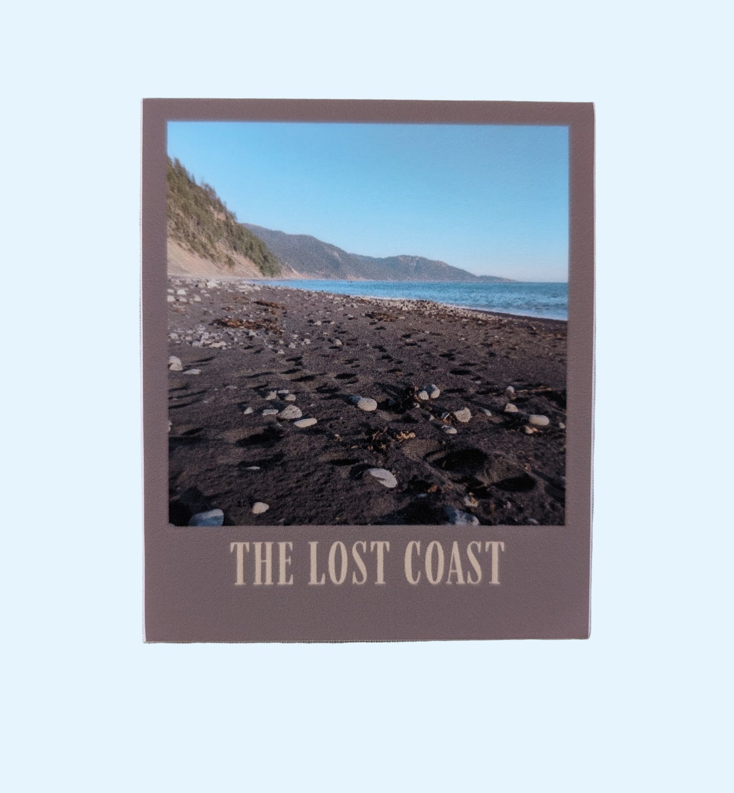 The Lost Coast sticker with photo of a beach on the Lost Coast and brown border