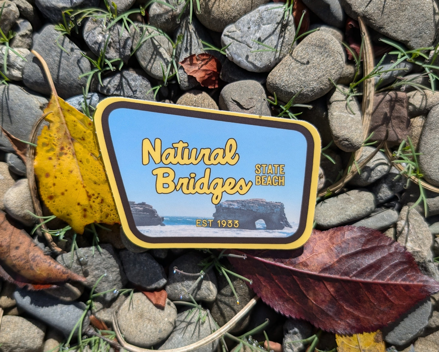yellow + brown bordered sticker represents Natural Bridges State Beach