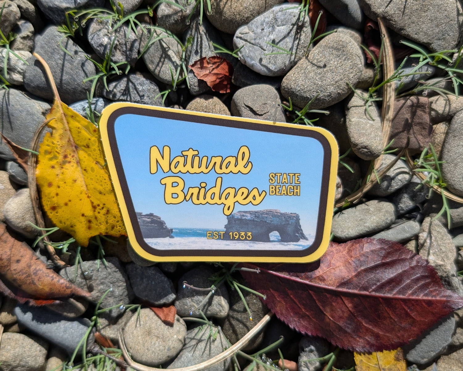 yellow + brown bordered sticker represents Natural Bridges State Beach