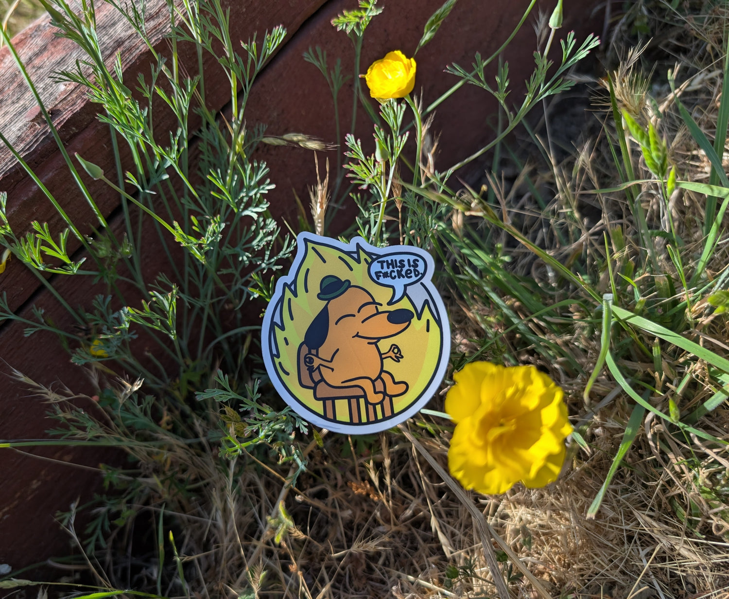 This is NOT Fine meme sticker with serenity slant, featuring the This is Fine meme dog in a zen pose, stating "This is f***ed" in a field with poppies