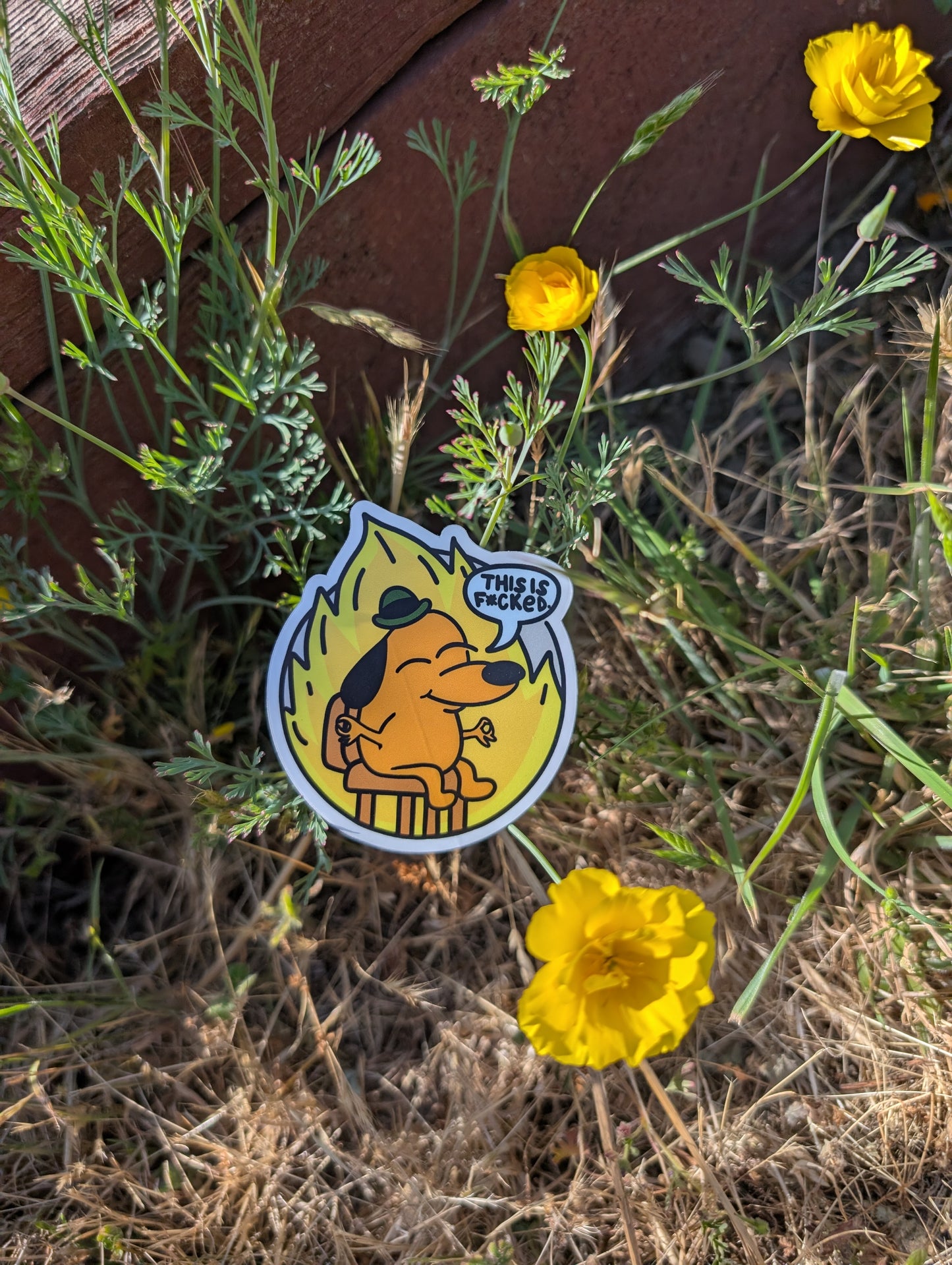 This is NOT Fine meme sticker with serenity slant, featuring the This is Fine meme dog in a zen pose, stating "This is f***ed" in a field with poppies vertical