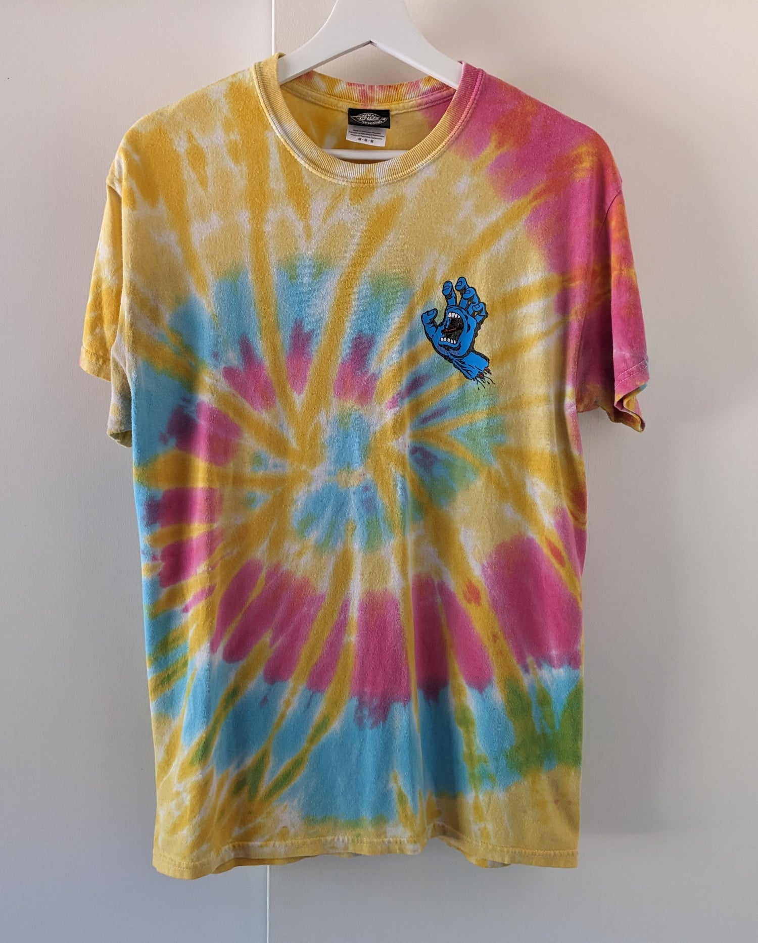 Rainbow tie dye shirt with Santa Cruz Screaming Hand in blue