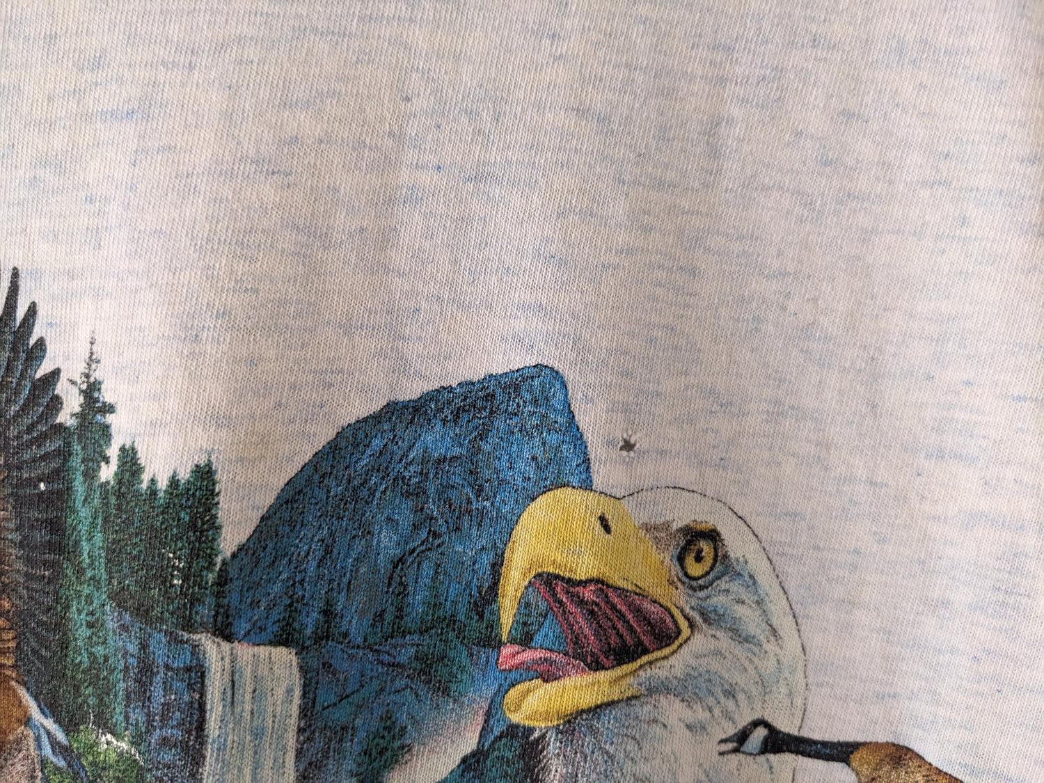 Heather gray Yosemite Habitat shirt with mountain lion, eagle, deer and more animals tear