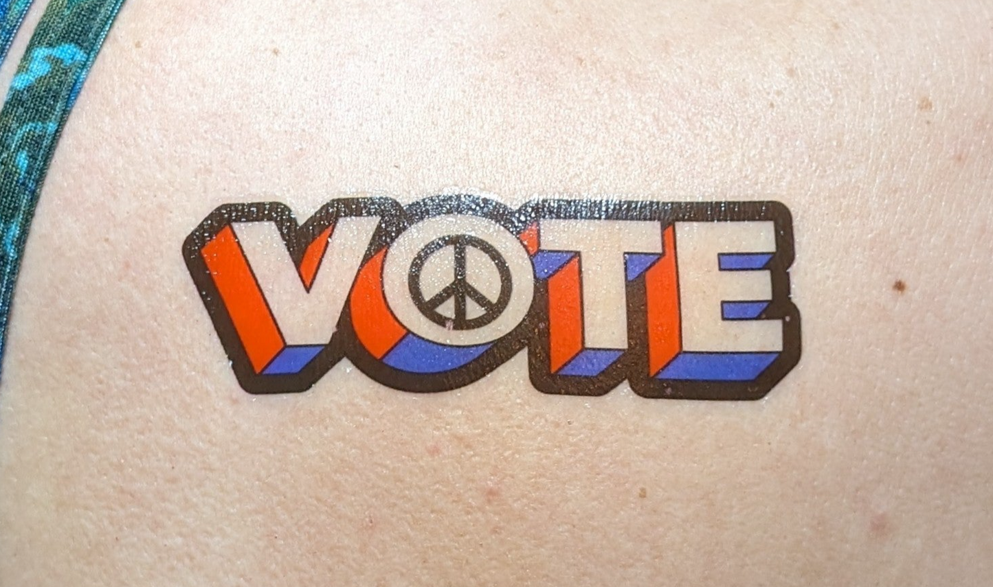 Close Up of Vote Peace temporary tattoo