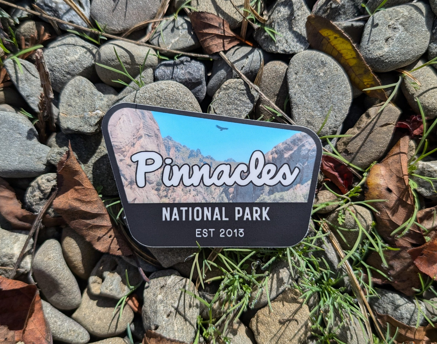 black bordered sticker represents Pinnacles National Park