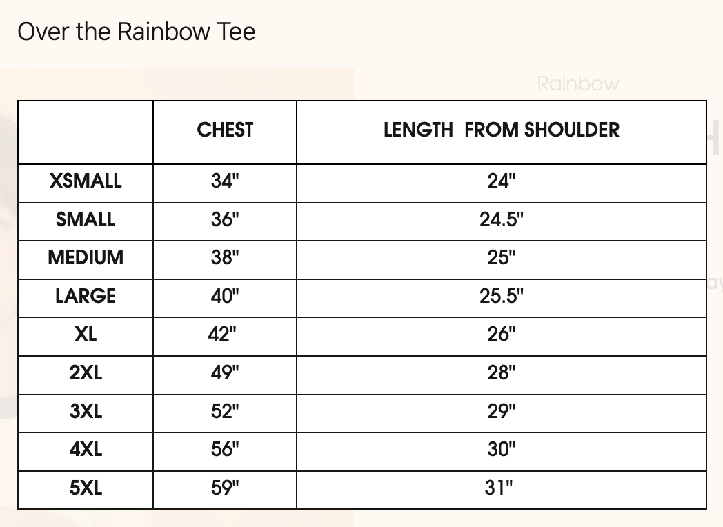 Women's Rainbow shirt sizing chart