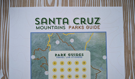 Santa Cruz Mountains Park Guide map checklist print with travel log sticker sheet close-up