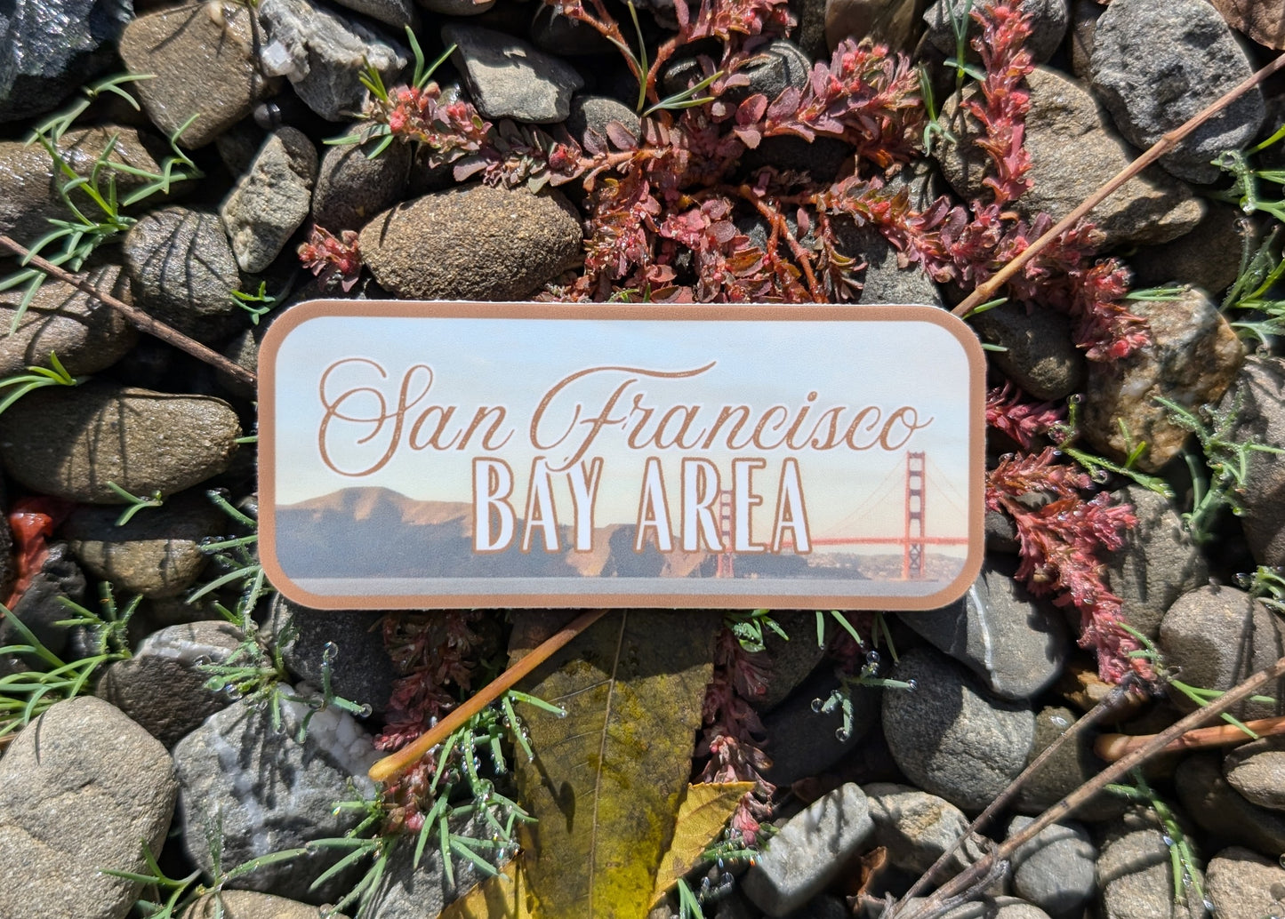 Brown bordered sticker represents the San Francisco Bay Area, featuring the Golden Gate Bridge in California