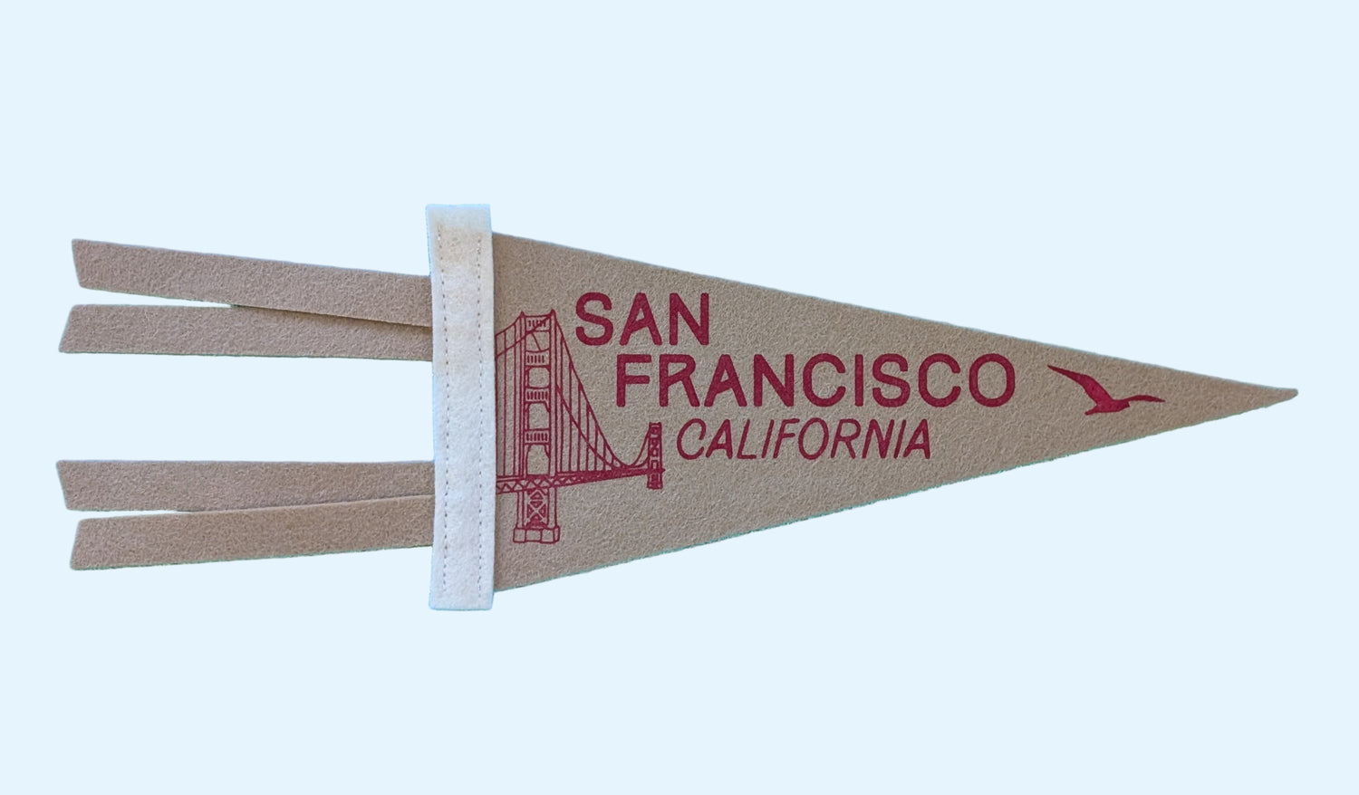 San Francisco California mini souvenir pennant featuring the Golden Gate Bridge on beige felt