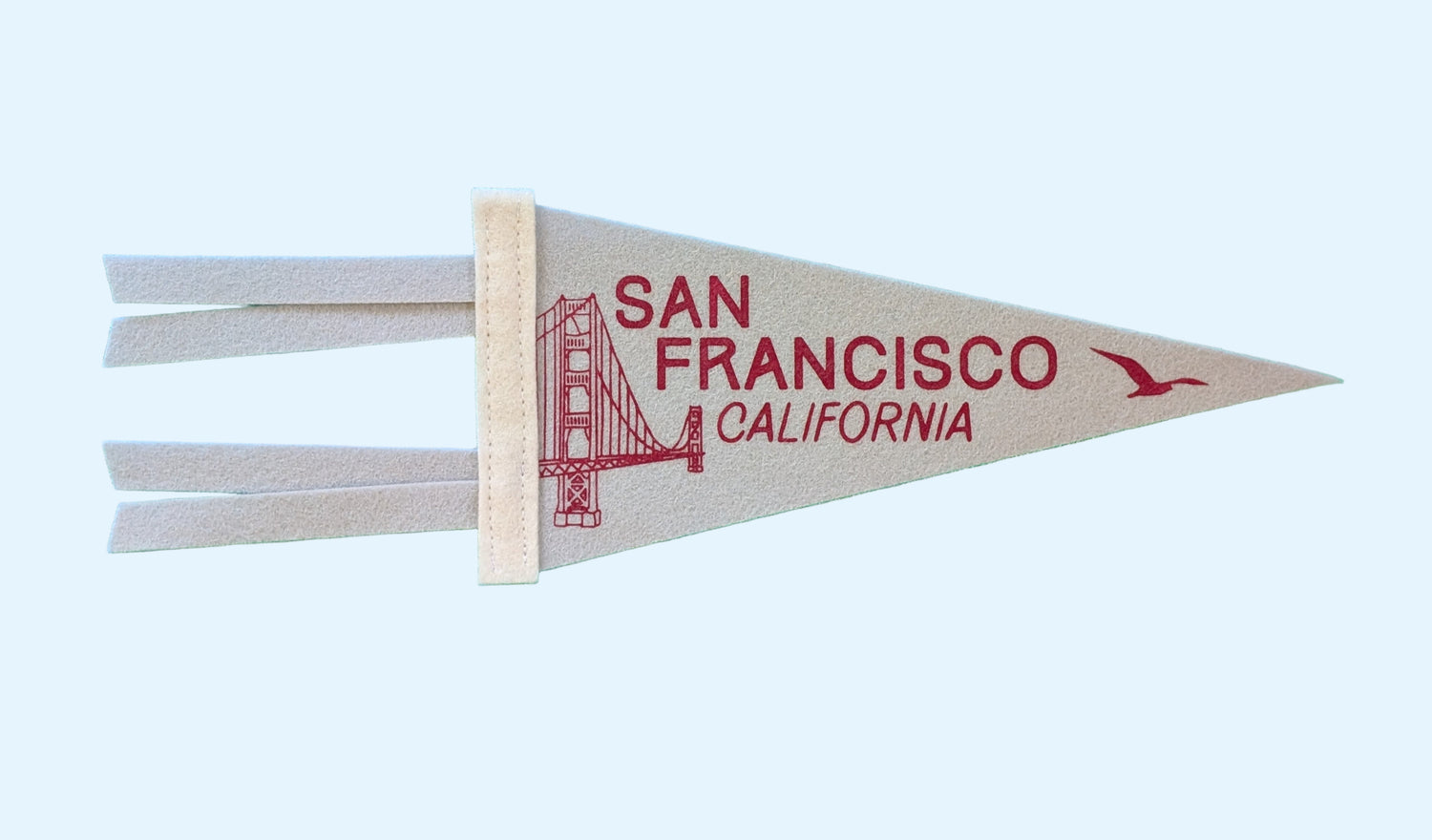 San Francisco California mini souvenir pennant featuring the Golden Gate Bridge on light gray felt