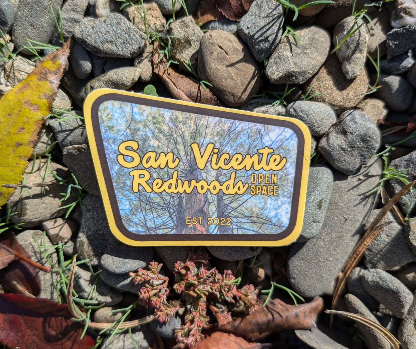 yellow + brown bordered sticker represents San Vicente Redwoods Open Space
