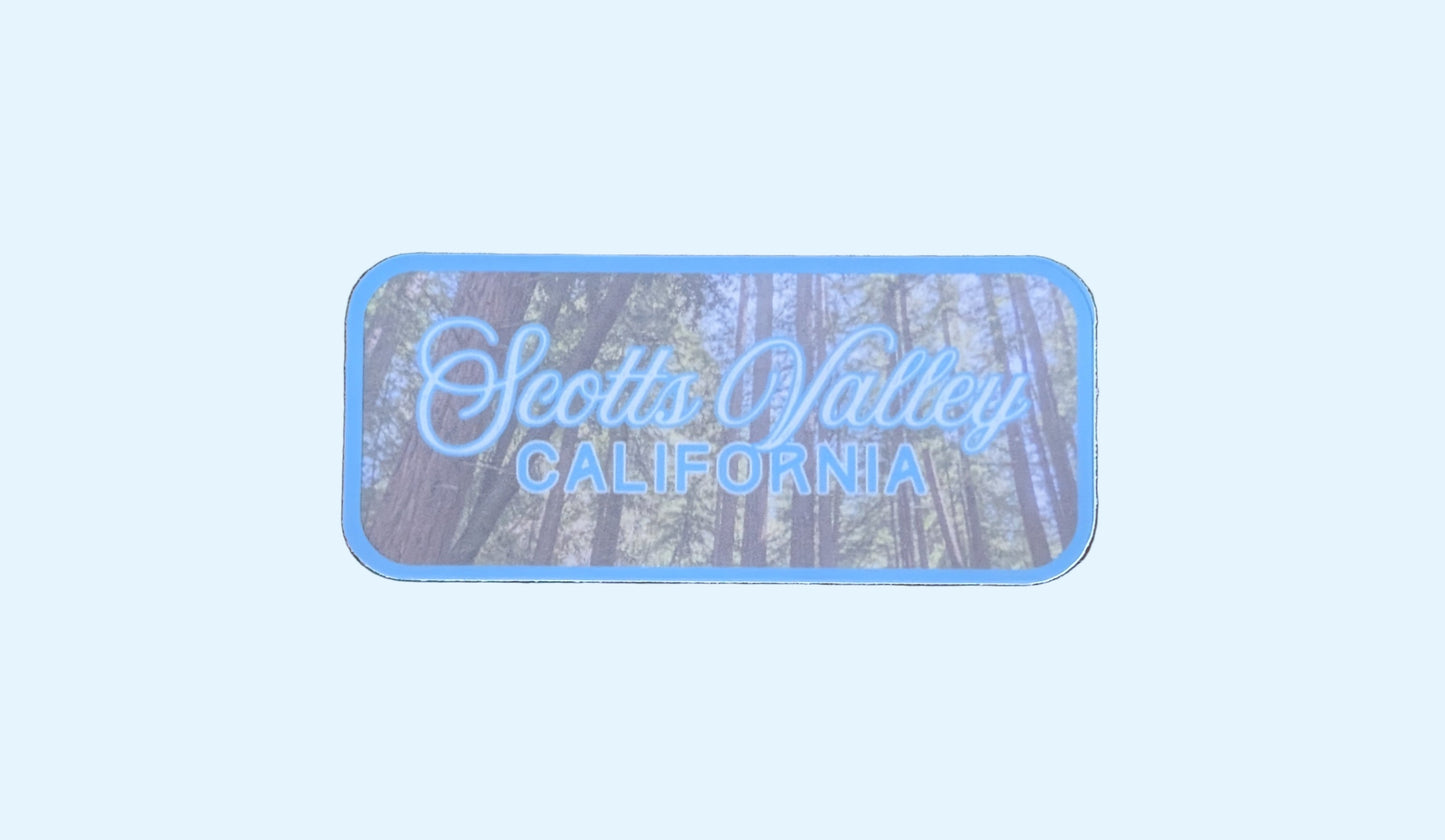 this bright blue bordered sticker represents Scotts Valley, featuring the redwoods at Lodato Park: