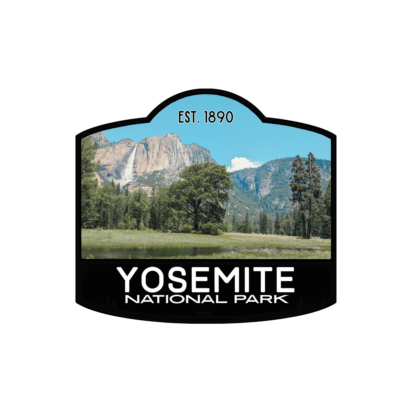 black bordered sticker represents Yosemite National Park in California