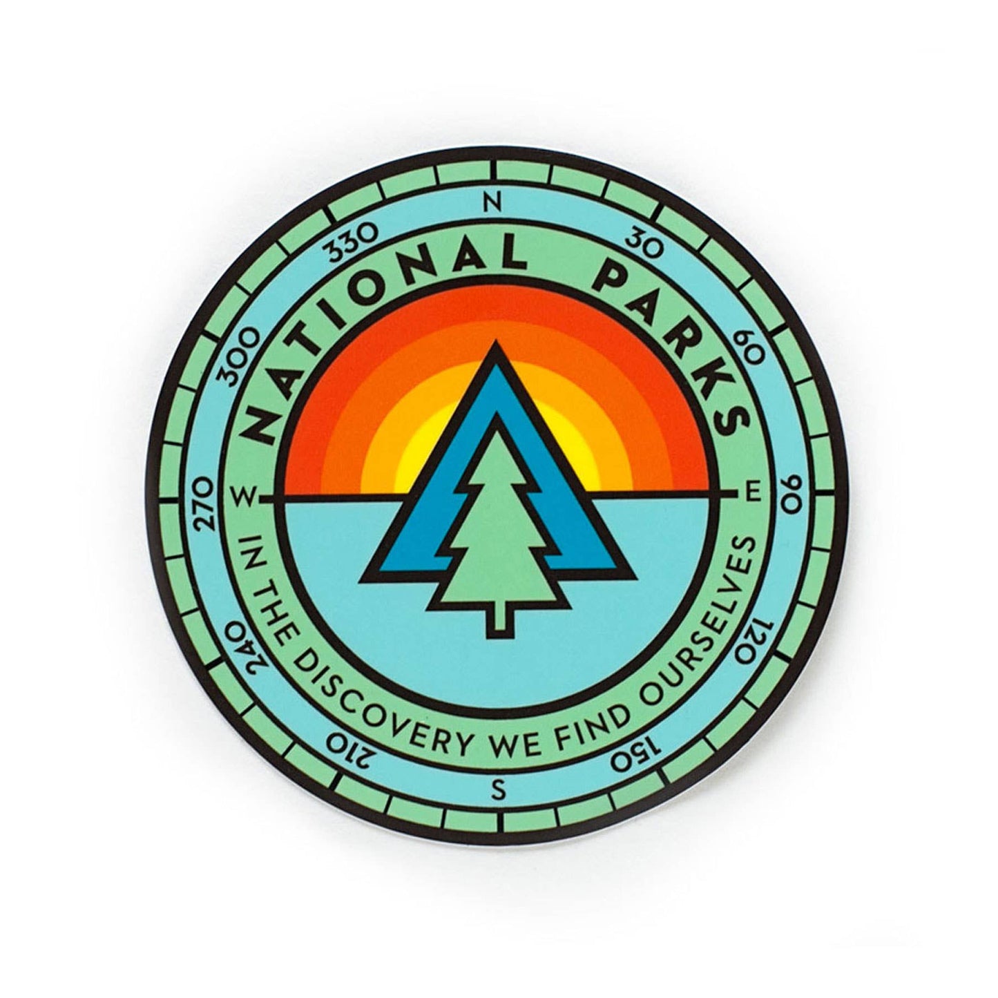 National Park Compass Sunrise Mountain Tree round sticker