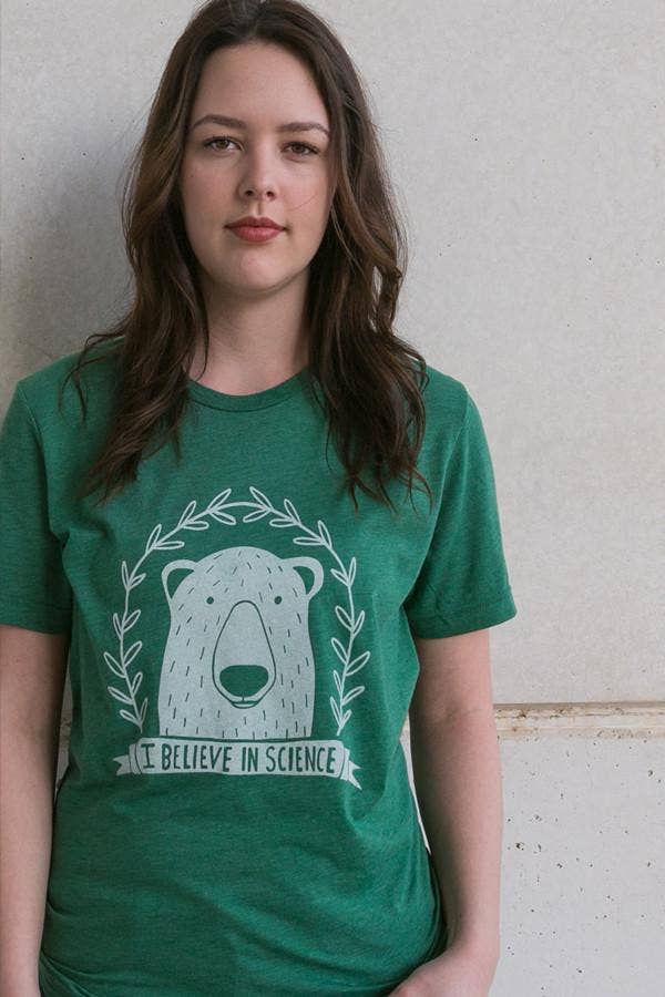 I believe in science polar bear green shirt