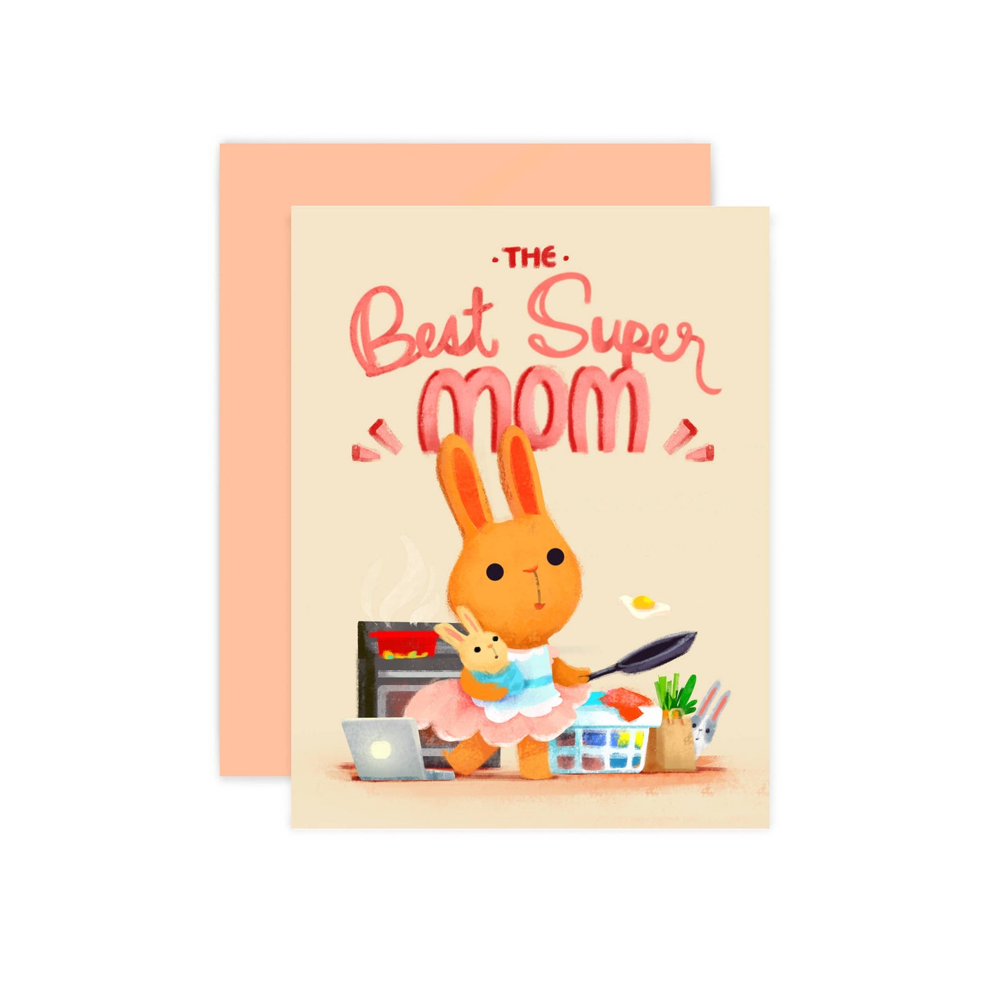The Best Super Mom with bunny design and pink envelope, by Little Red House