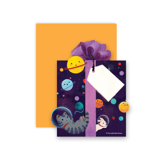 Catstronaut die cut space card with orange envelope, by Little Red House