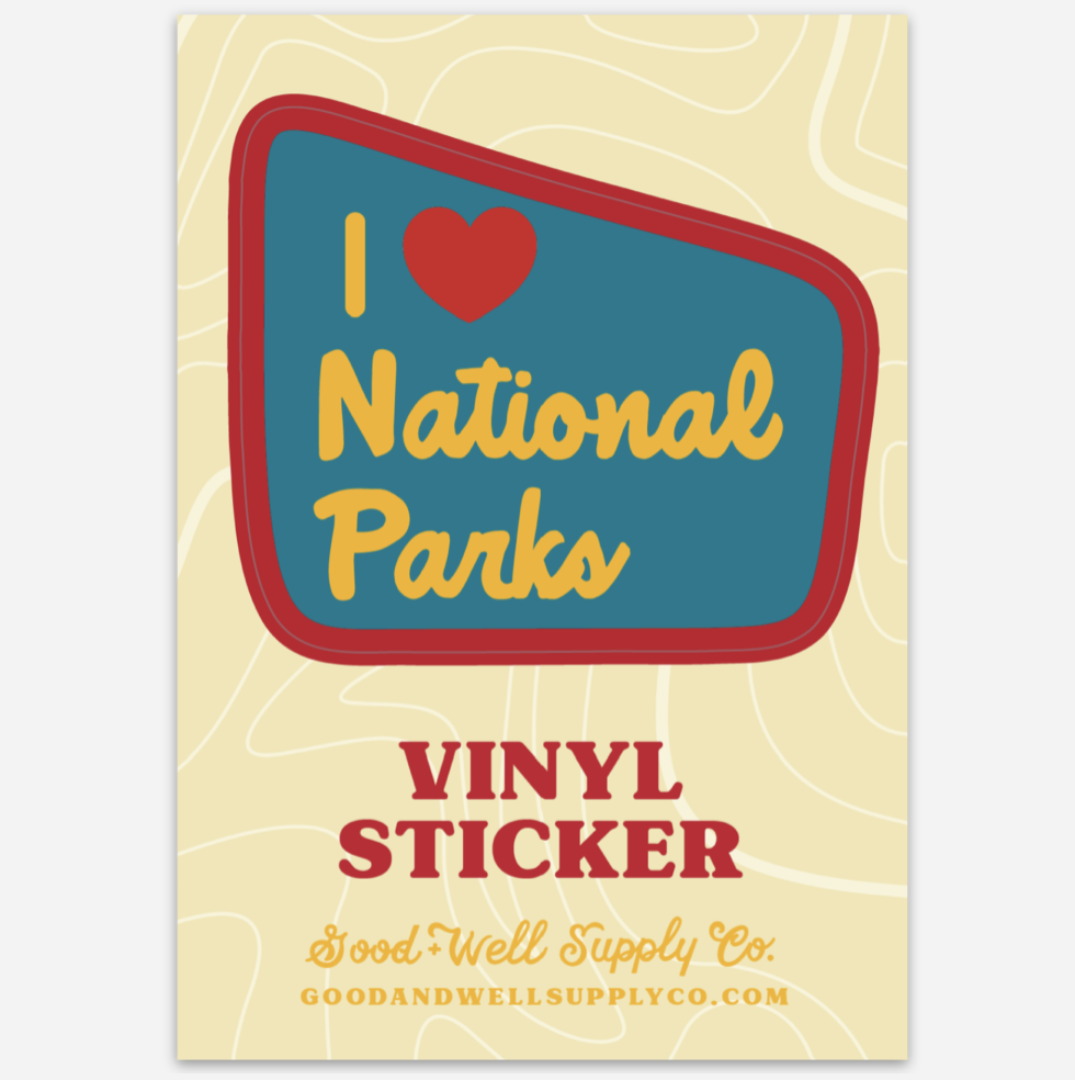 I Heart National Parks vinyl sticker in blue, yellow and red by Good + Well Supply Co