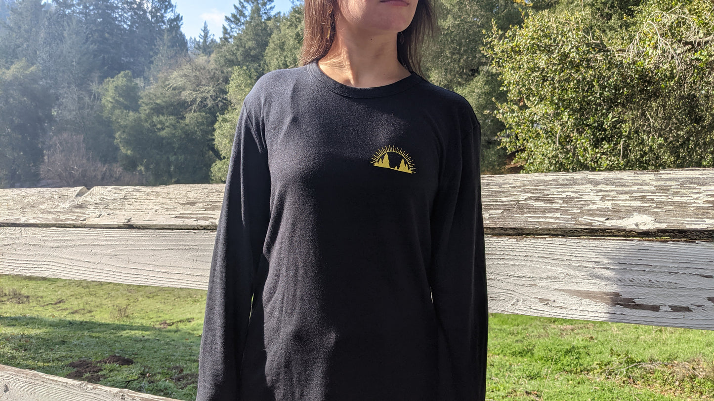 Black long sleeve shirt front with Present logomark, created by Jackie from Present