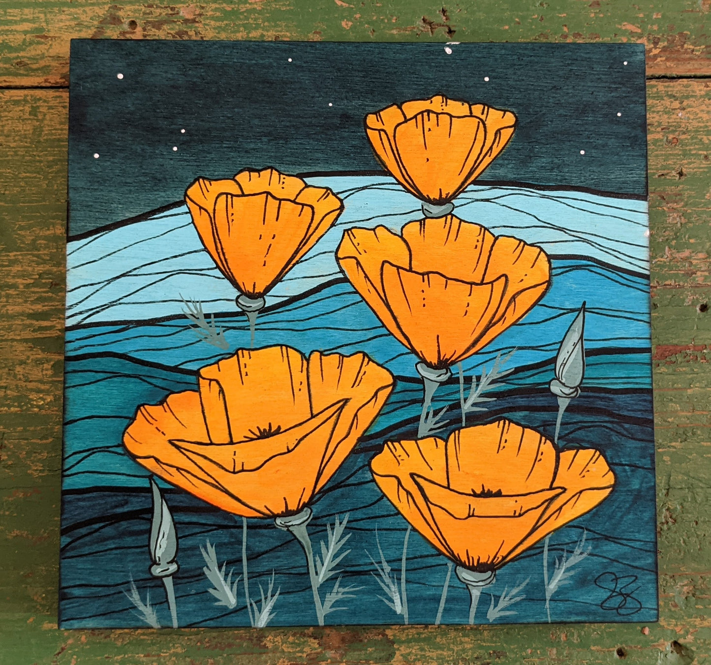 Green mountainside poppy field painting, by Skavenge Art