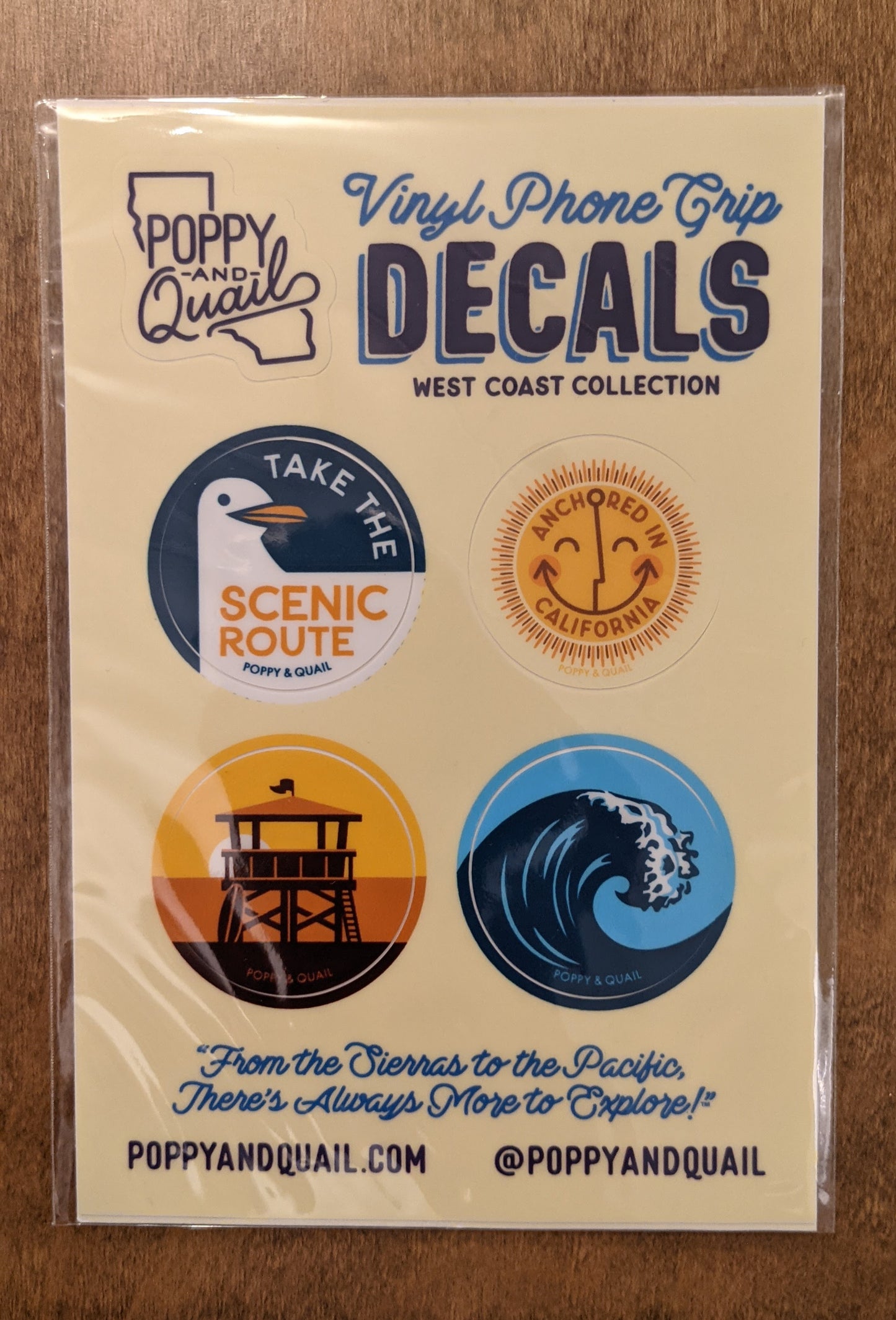 Vinyl phone grip sticker set, with four designs in the West Coast Collection by Poppy & Quail in packaging