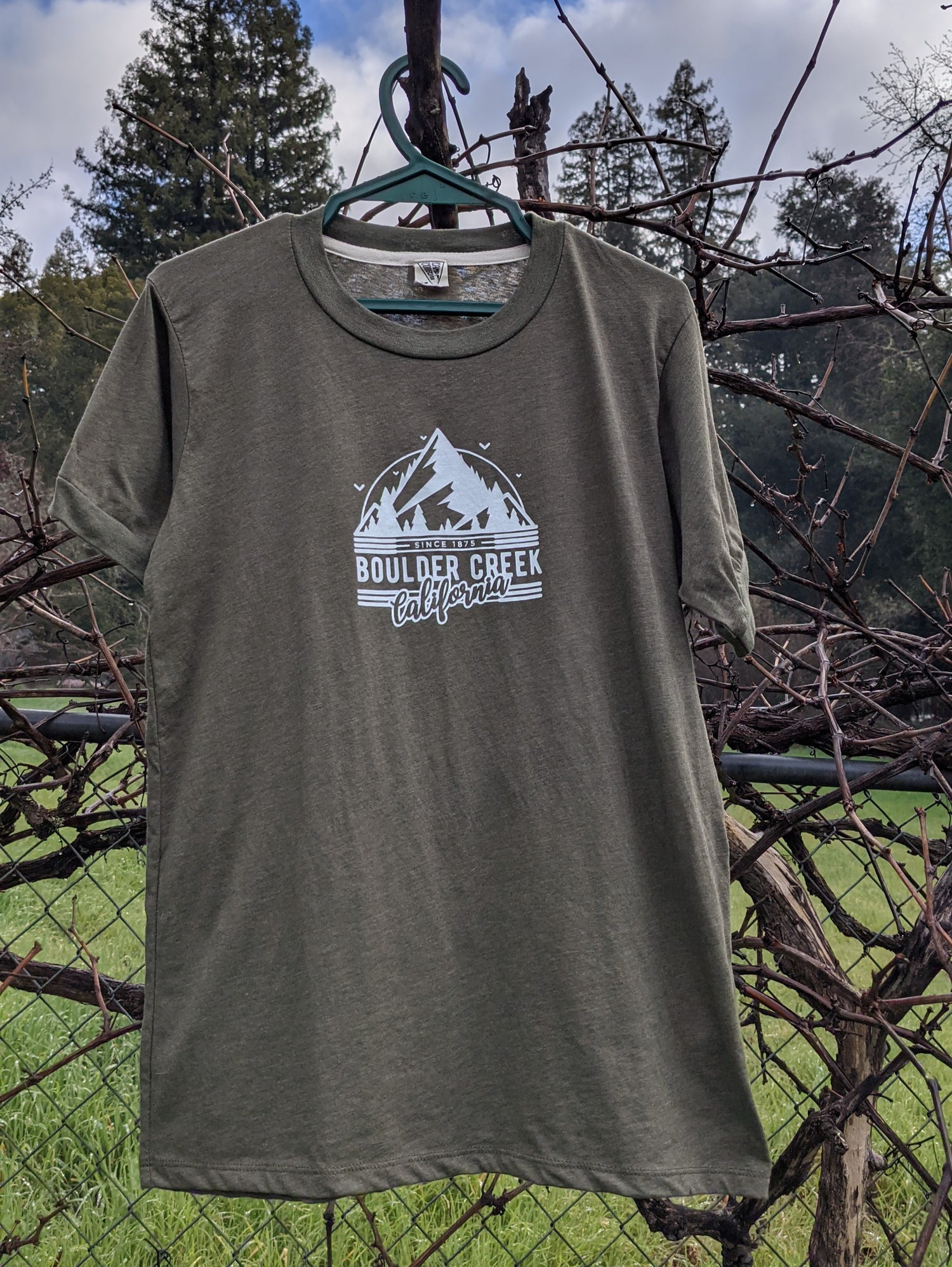 Olive Ringer shirt by Camp Collection with white Boulder Creek California design on front