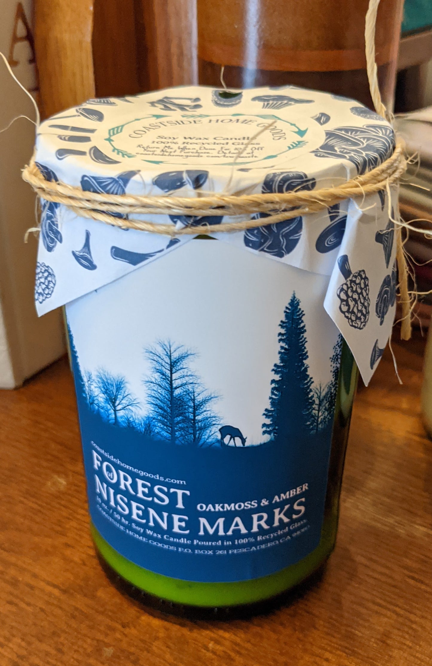 Forest of Nisene Marks candle with Oakmoss and Amber scent in recycled wine bottle by Coastside Homegoods
