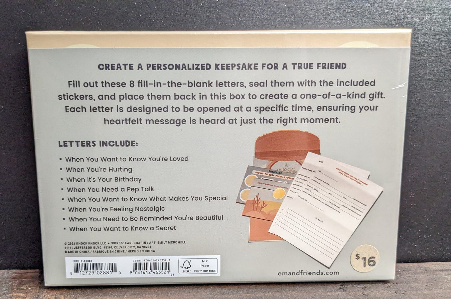 Back of Box of Friendship: Letters from Me to You by Emily McDowell with details on what's inside