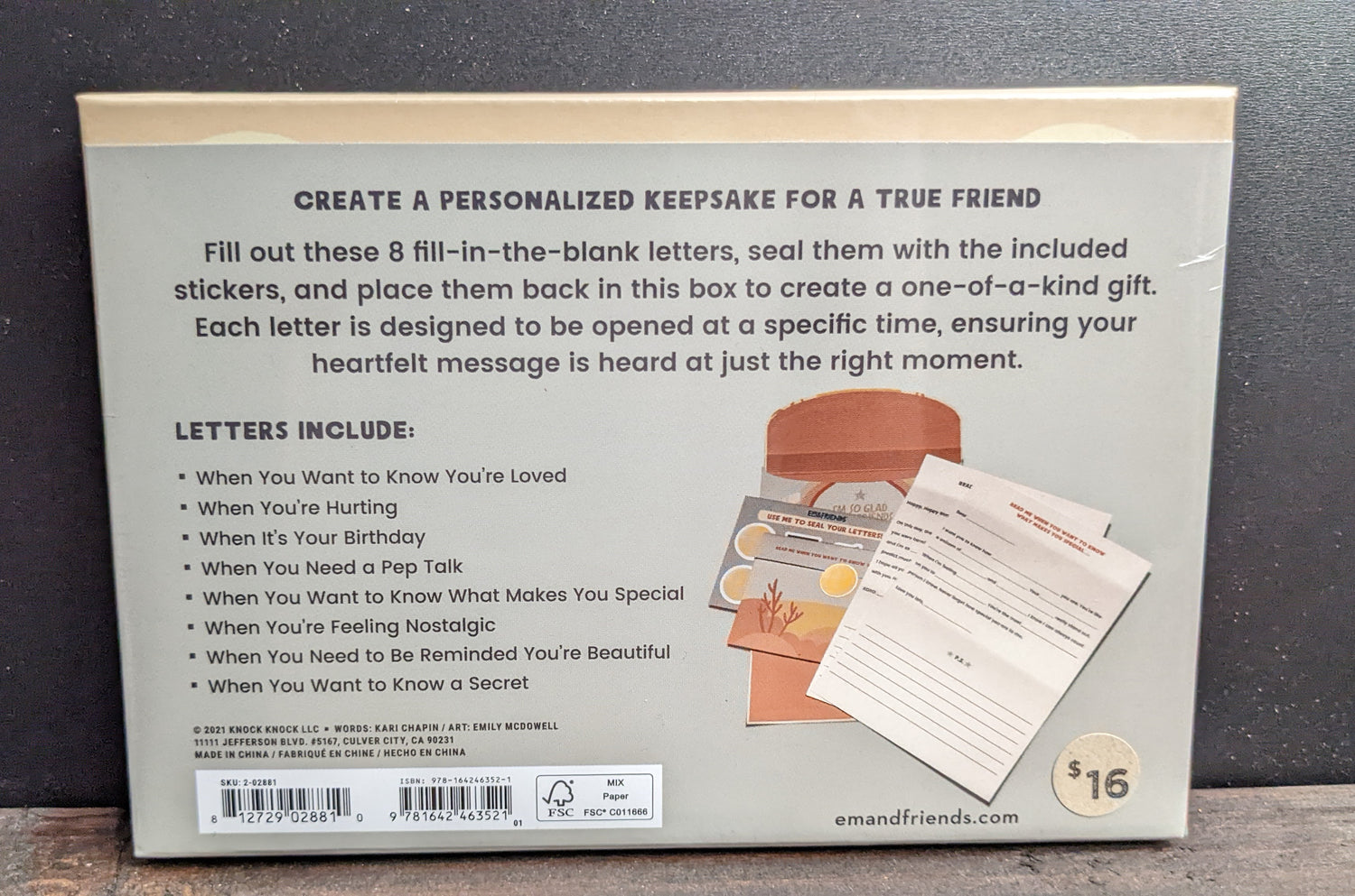 Back of Box of Friendship: Letters from Me to You by Emily McDowell with details on what's inside