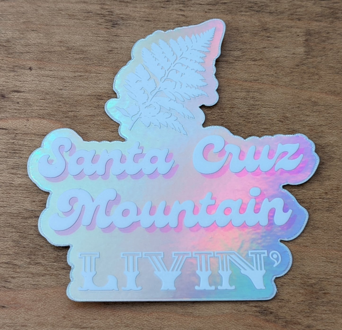 Mountain Talk holographic silver sticker reading Santa Cruz Mountain Livin' with fern design