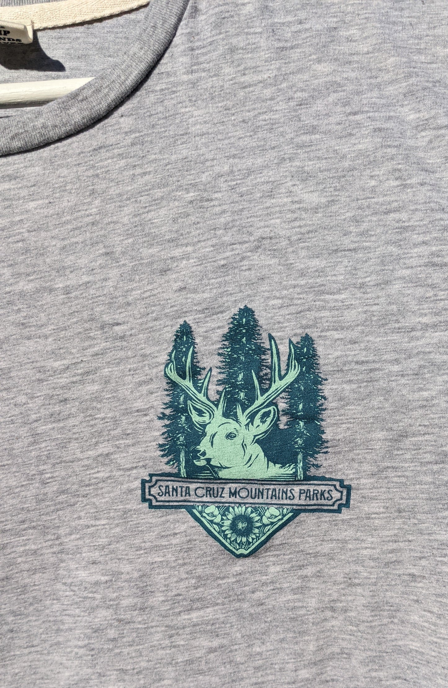 Close up of front shirt design Santa Cruz Mountains Parks design by Nicky Gatson,  created by Jackie from Present