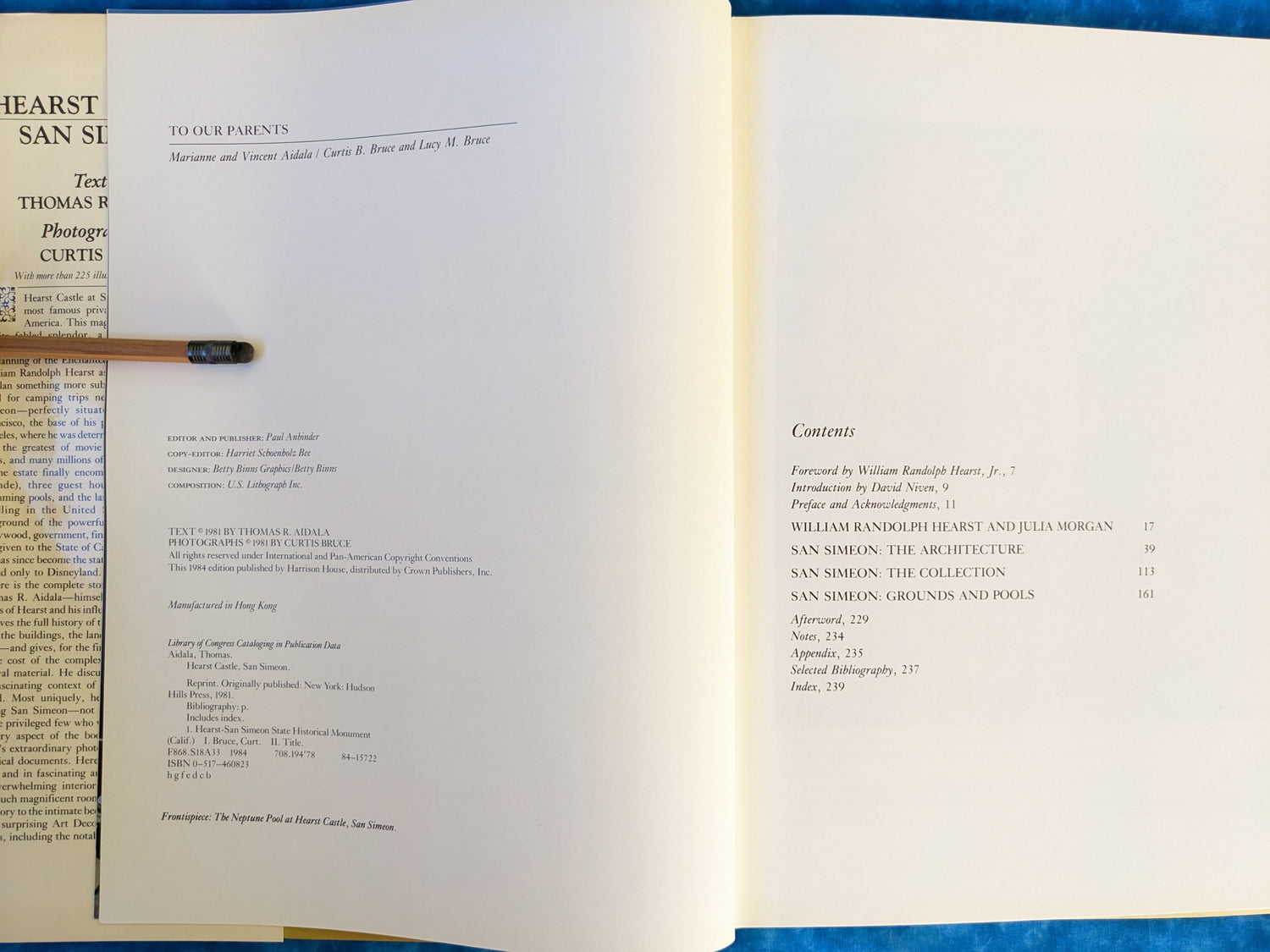 Hearst Castle San Simeon vintage book contents page