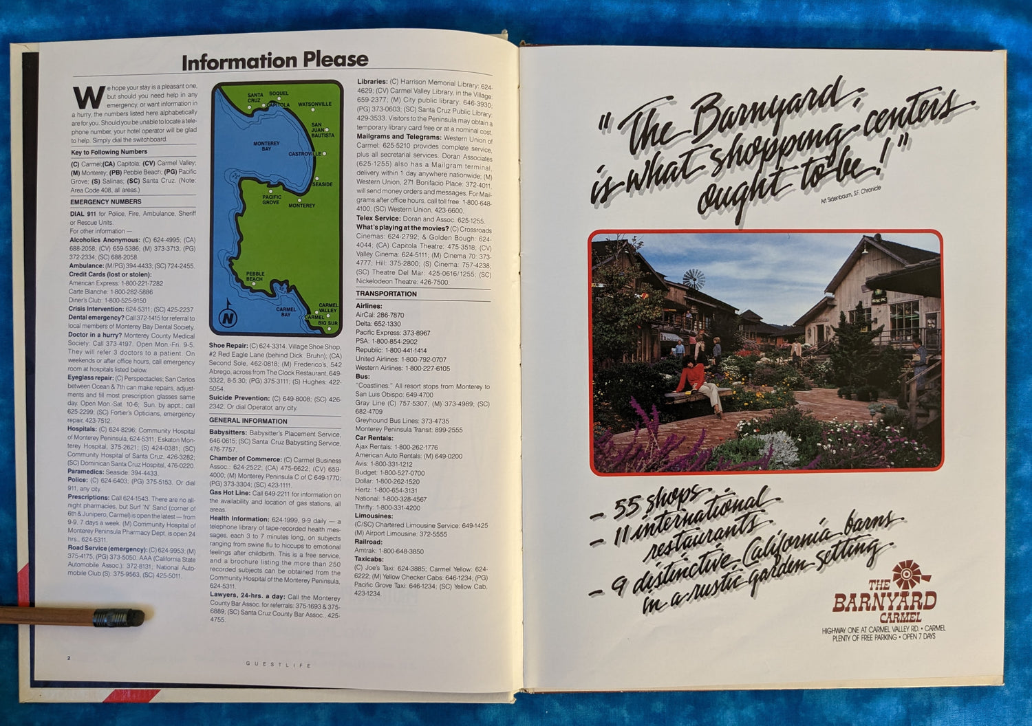 GuestLife (1984): Monterey Peninsula / Santa Cruz Hotel Copy vintage book information page
