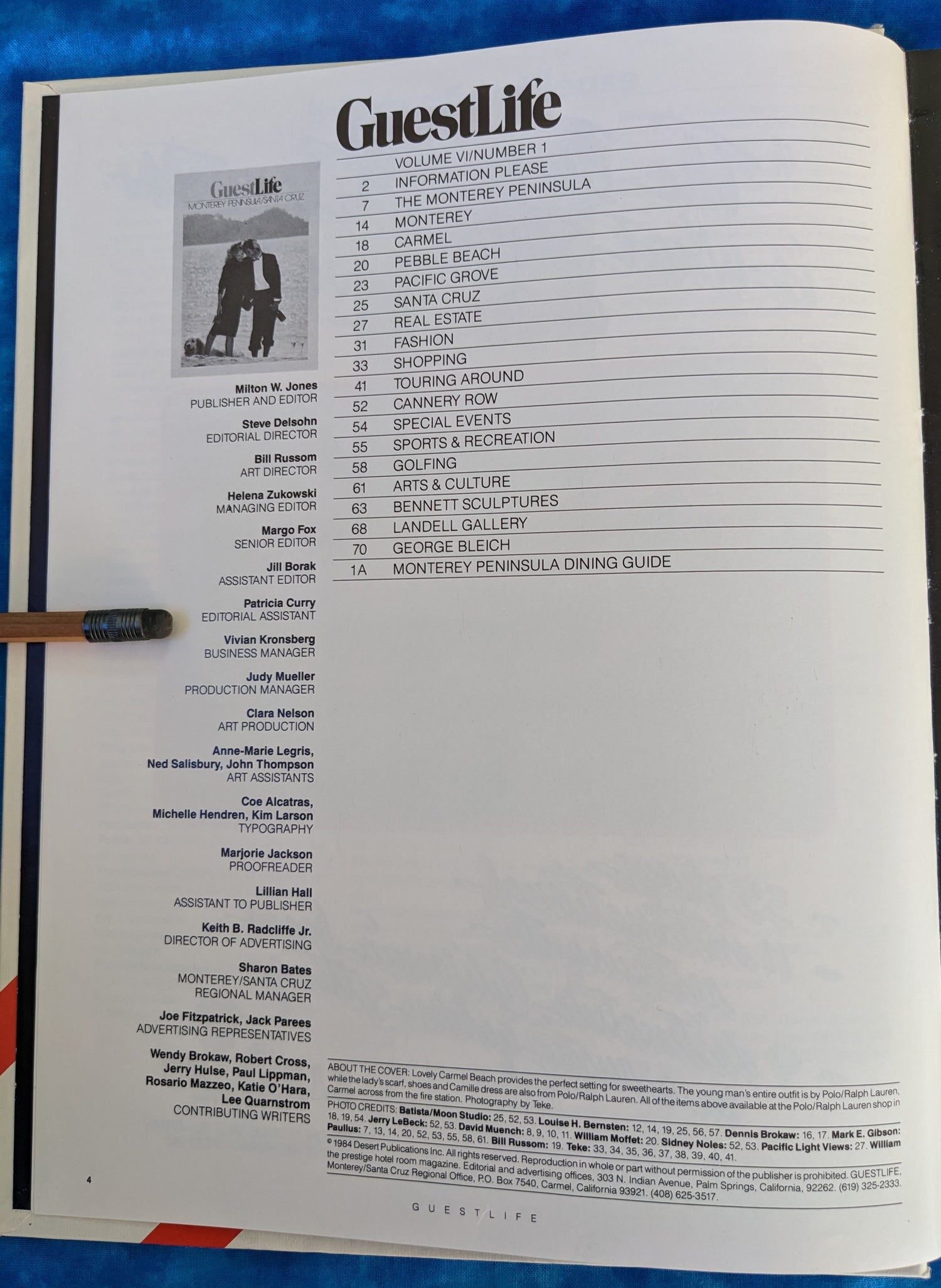 GuestLife (1984): Monterey Peninsula / Santa Cruz Hotel Copy vintage book contents page