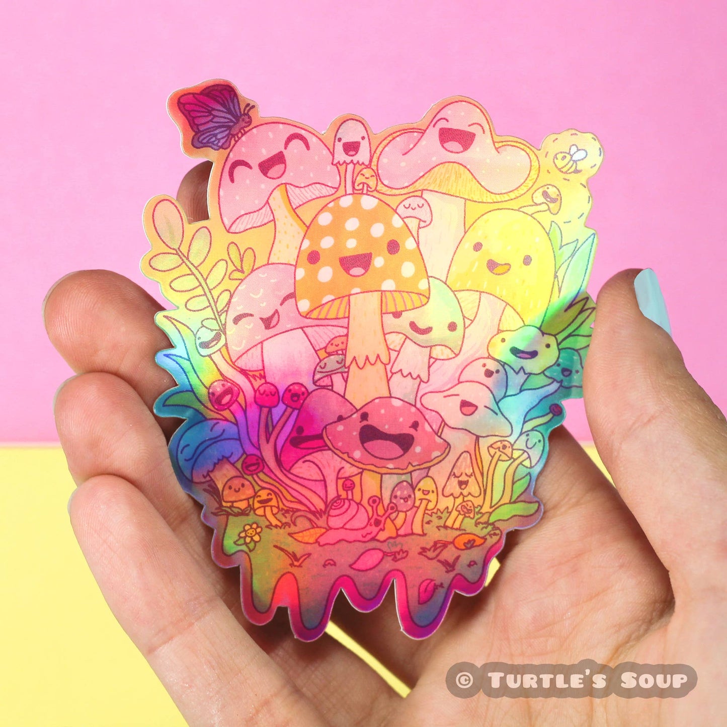Holographic happy mushrooms sticker by Turtle's Soup