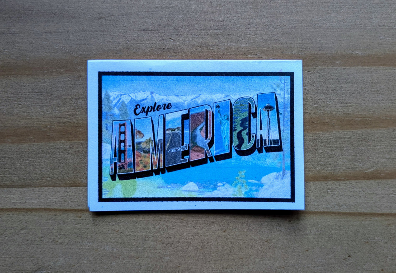 Mini card with America vintage letter art design on confetti white paper