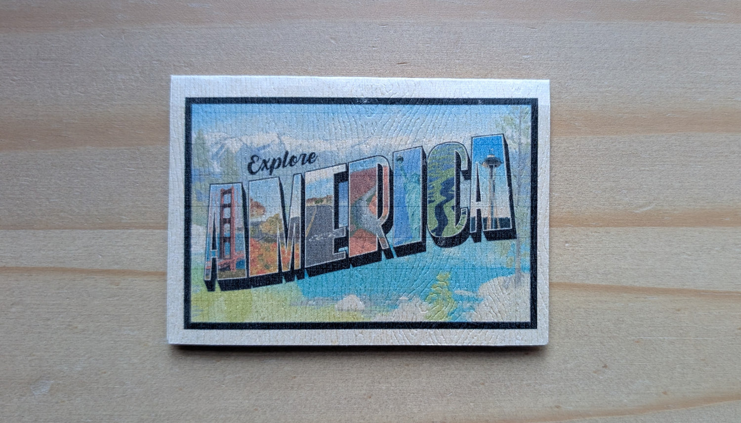 Mini card with America vintage letter art design on wood grain brown paper