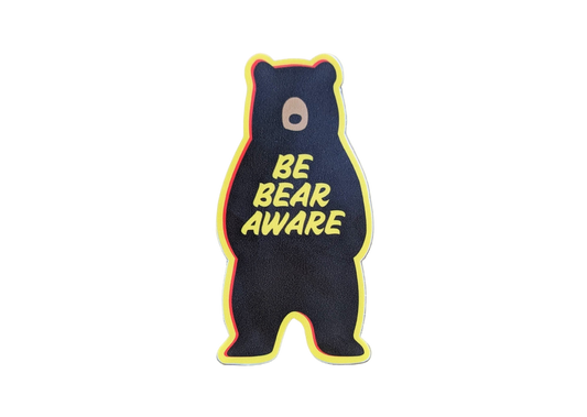 Yellow-bordered bear-shaped sticker that reads: Be Bear Aware