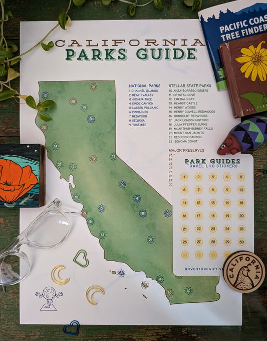 California Parks Guide Map with Travel Log Stickers with decor around the edges